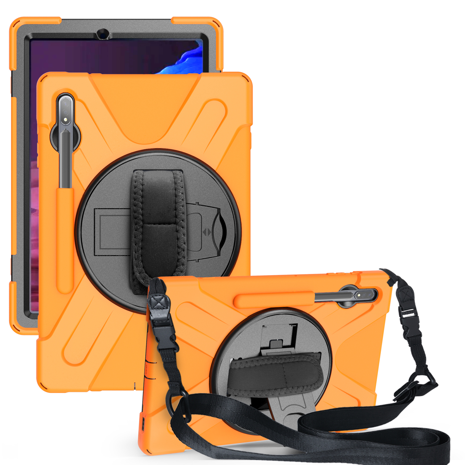 For Samsung Tab S7 T870 /Tab S7 Plus T970/T975 Protective Cover with Pen Slot Anti-fall Belt Holder + Wristband + Straps Orange_Samsung Tab S7 Plus T970/T975