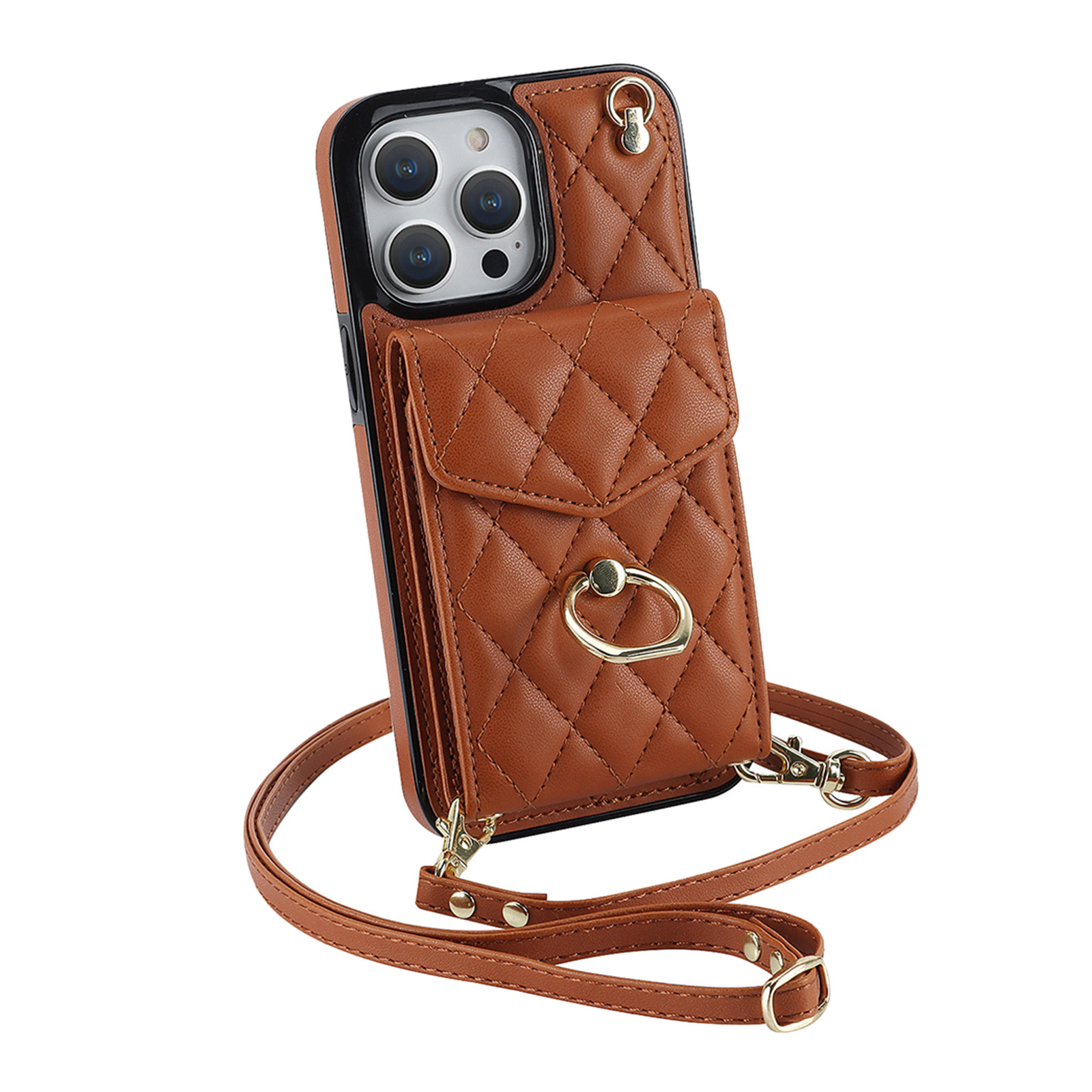 Phone Case With Adjustable Ring Holder Lanyard Wallet Bag Phone Case Protective Shockproof Leather Case