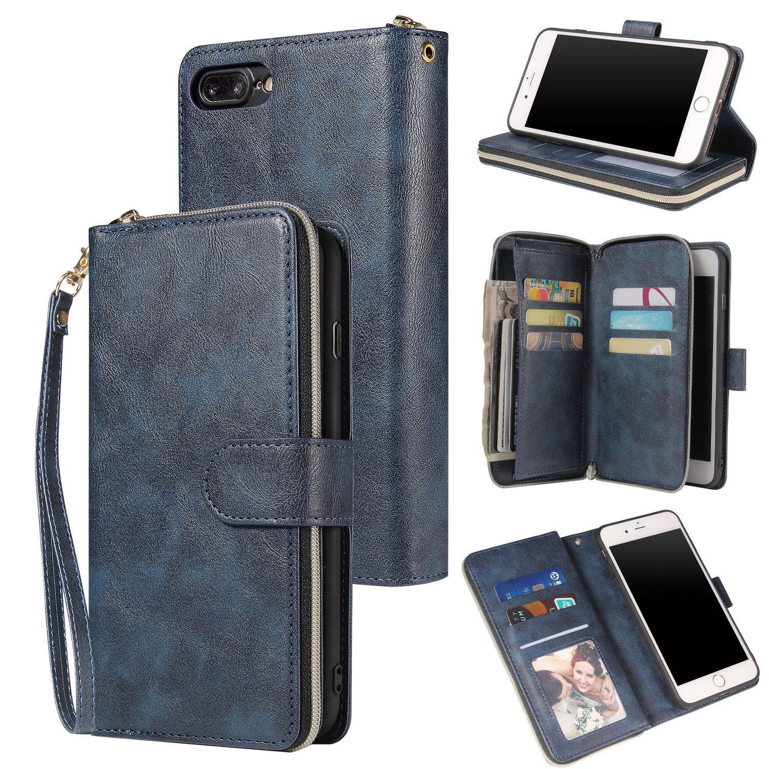 For Iphone 6/6s/6 Plus/6s Plus/7 Plus/8 Plus Pu Leather  Mobile Phone Cover Zipper Card Bag + Wrist Strap blue