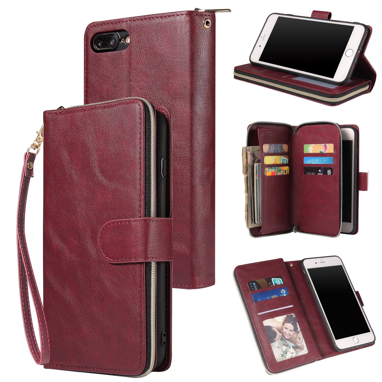 For Iphone 6/6s/6 Plus/6s Plus/7 Plus/8 Plus Pu Leather  Mobile Phone Cover Zipper Card Bag + Wrist Strap Red wine