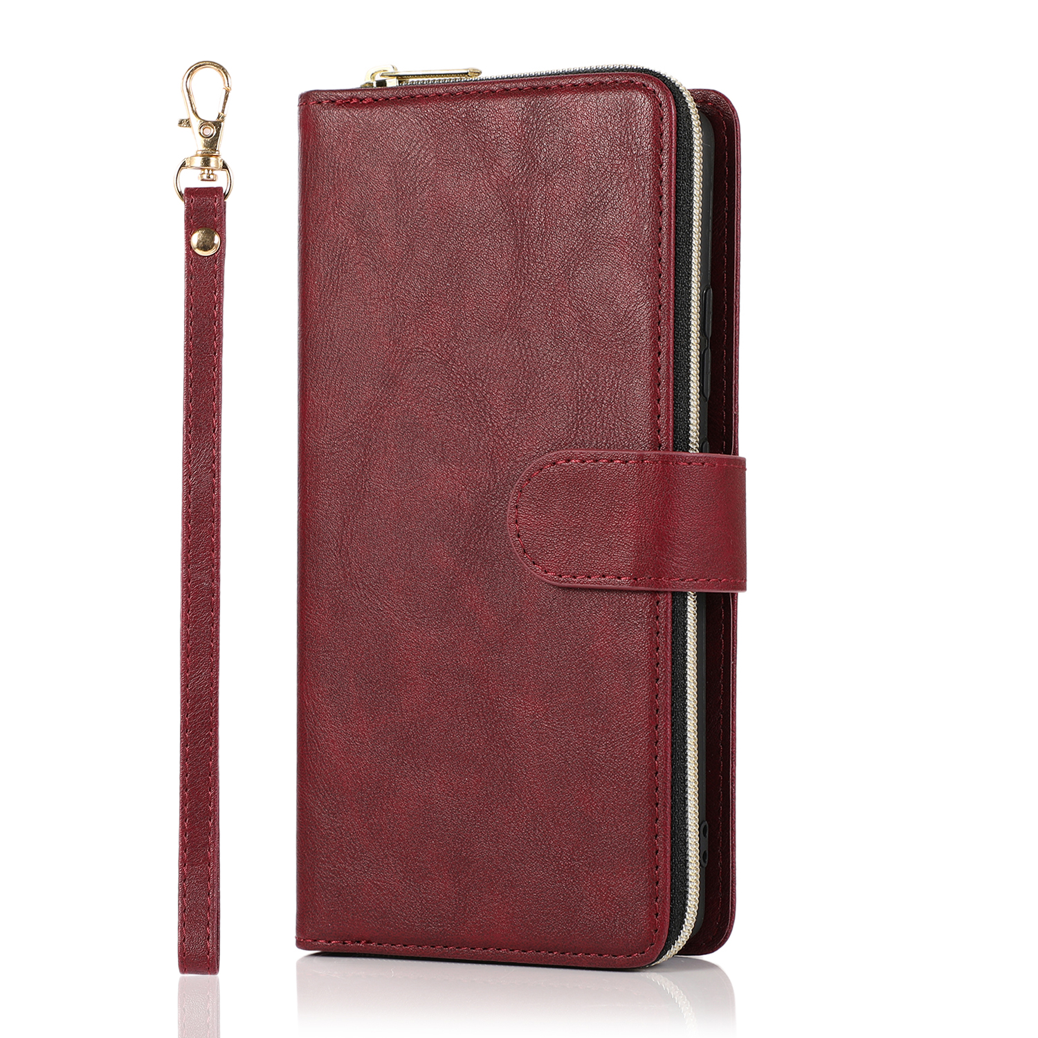 For Samsung A01/A21/A31/A41/A51 Pu Leather Mobile Phone Cover Zipper Card Bag + Wrist Strap Red wine