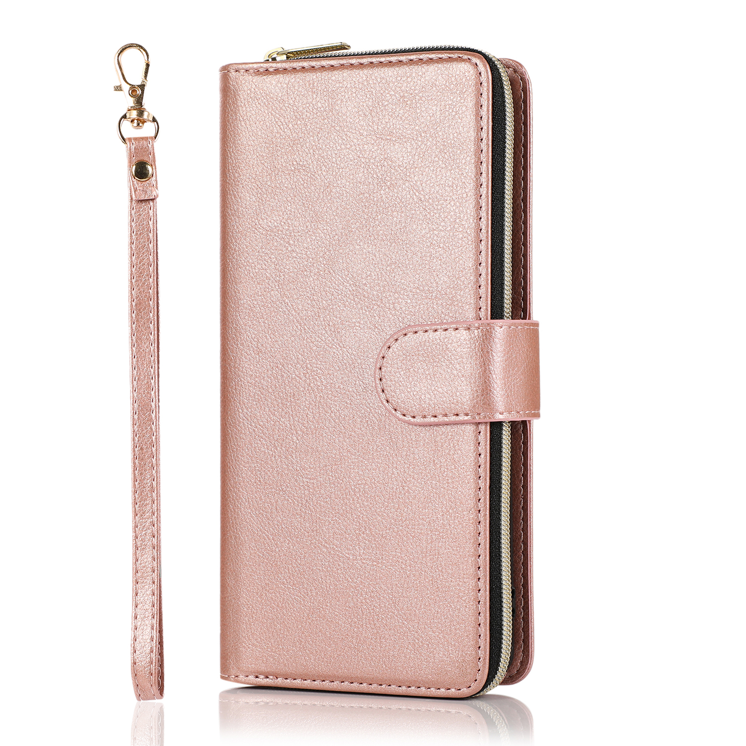 For Samsung A01/A21/A31/A41/A51 Pu Leather Mobile Phone Cover Zipper Card Bag + Wrist Strap Rose gold