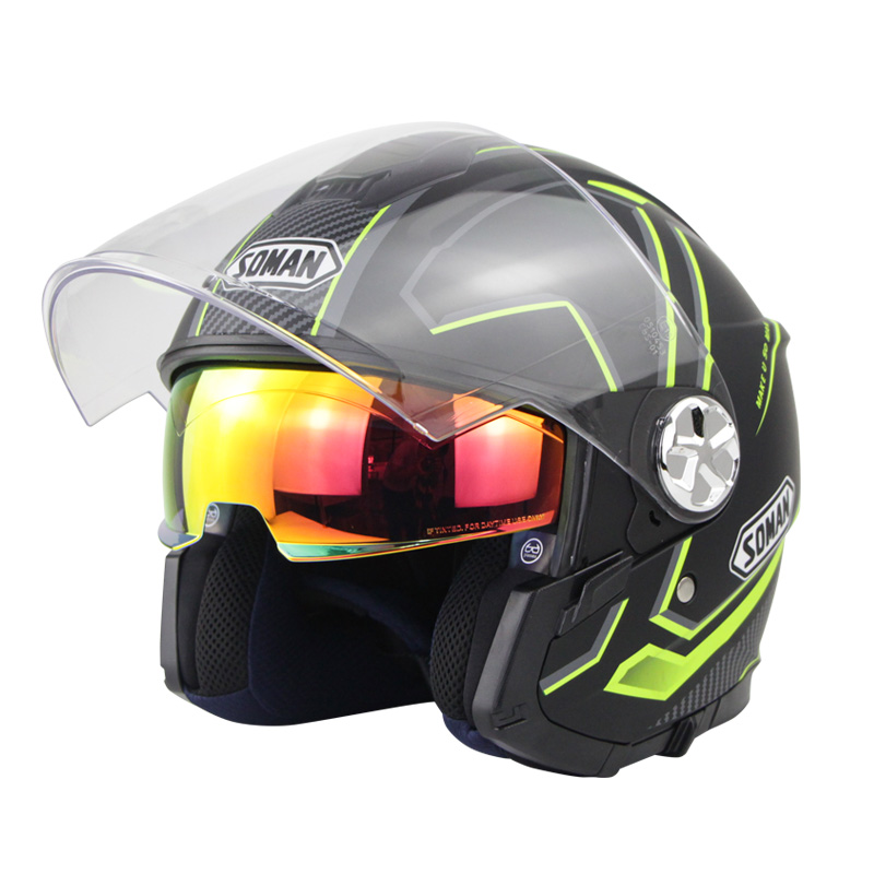 Motorcycle Helmet 3/4 Electrical Helemets Dual Visor Half Face Motorcycle Helmet   Black and yellow sky array_XL