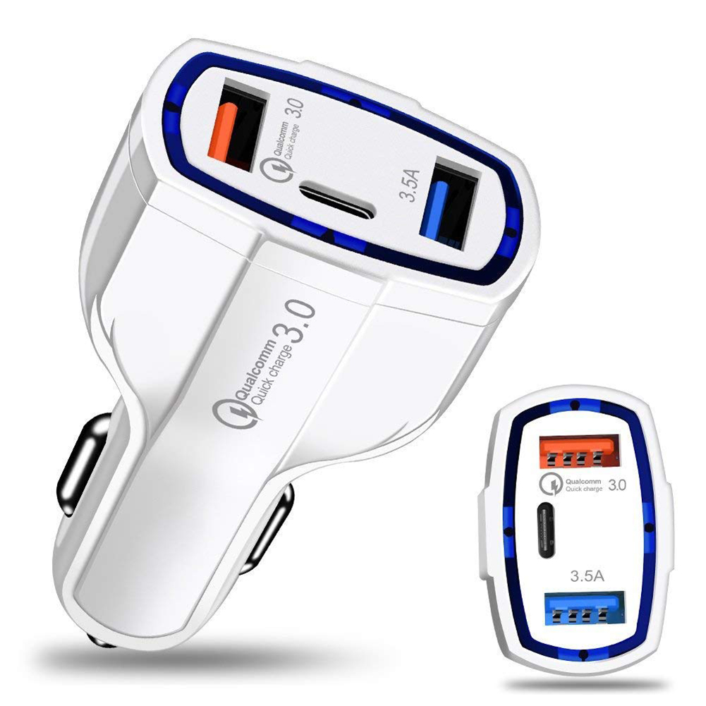 ID Quick Charge 3.0 with USB Type C Car Charger Built-in Power Delivery PD Port 35W 3 Ports for Apple iPad+iPhone X/8/Plus/Samsung Galaxy+/LG, Nexus, HTC white