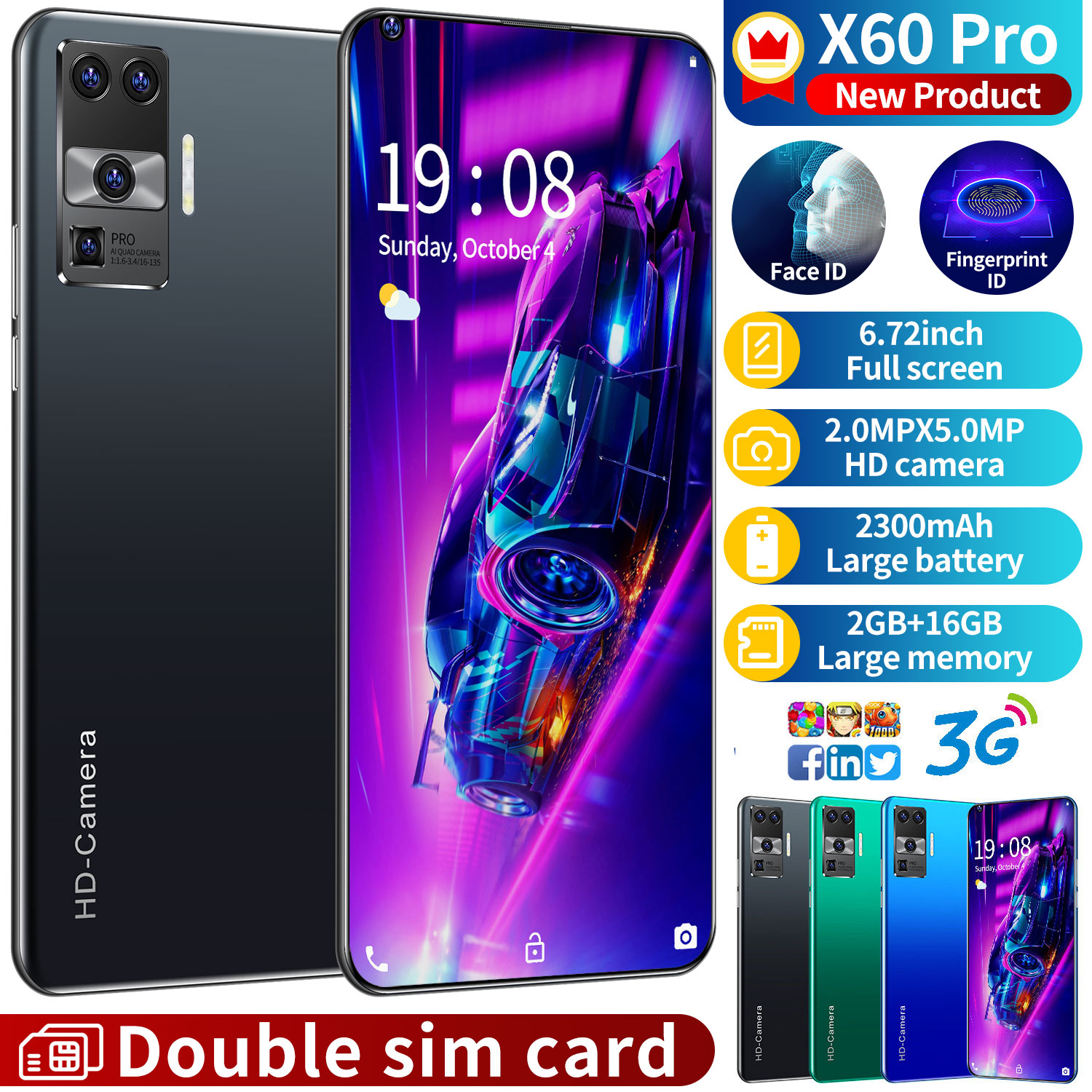 High-end 6.72-inch High-definition Large-screen X60 Pro Smartphone 2+16GB Black EU Plug