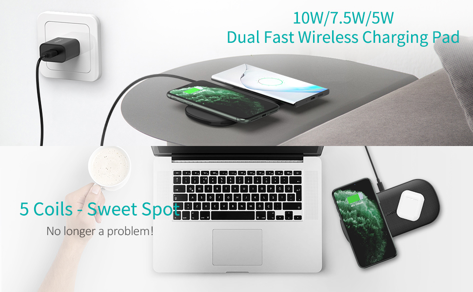 [US Direct] Original CHOETECH Dual Wireless Charger (QC3.0 Adapter included), 5 Coils Qi Certified Fast Wireless Charging Pad Compatible with iPhone 11 11Pro/11Pro Max/XS  Black