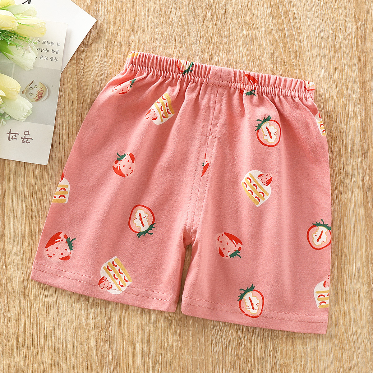 Kids Cotton Shorts Cute Cartoon Printing Summer Breathable Casual Short Pants For 0-7 Years Old Boys Girls Strawberry 3-4Y 65#100CM