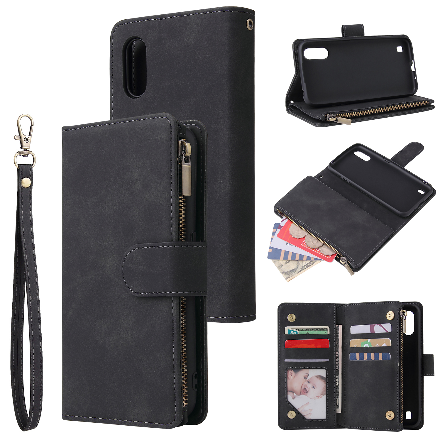 For Samsung A01 Case Smartphone Shell Wallet Design Zipper Closure Overall Protection Cellphone Cover 1 black
