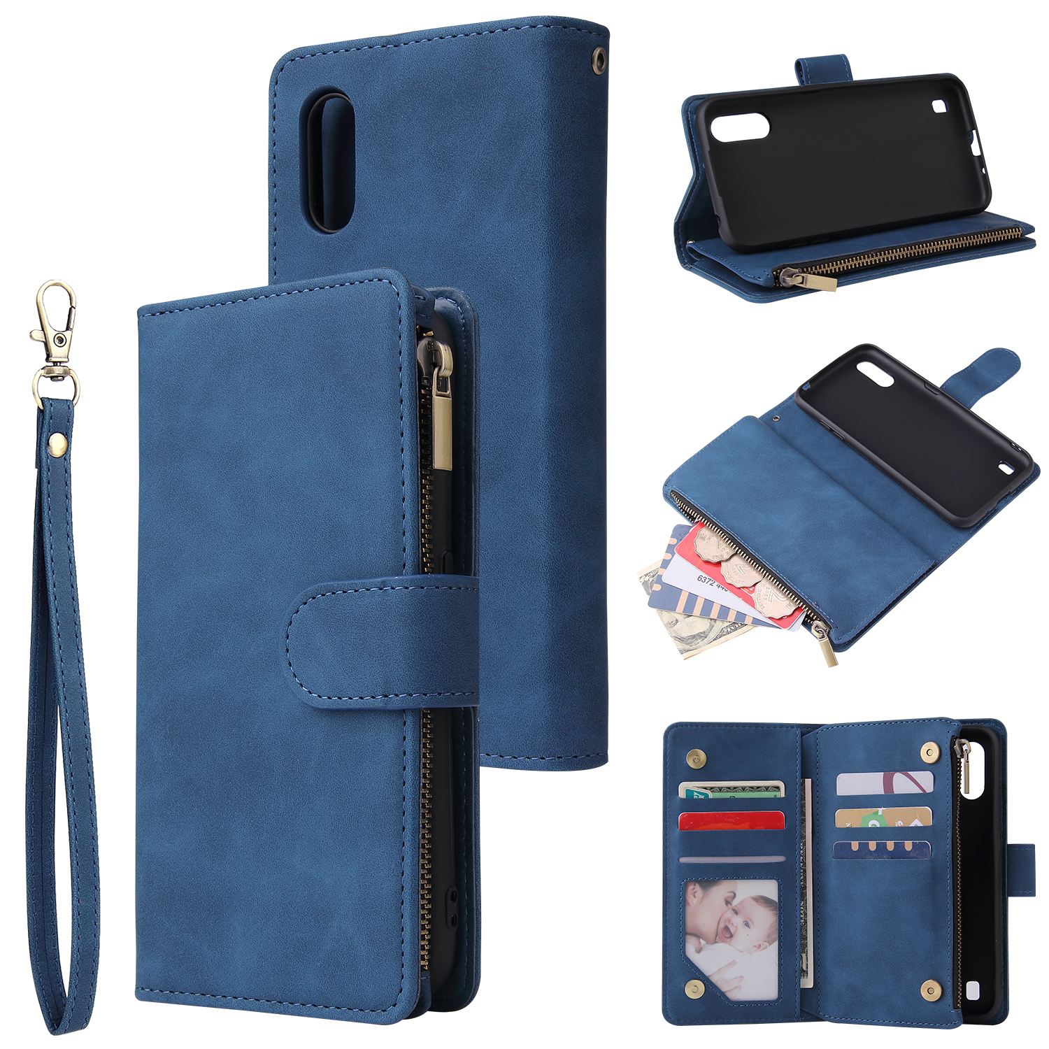 For Samsung A01 Case Smartphone Shell Wallet Design Zipper Closure Overall Protection Cellphone Cover  2 blue