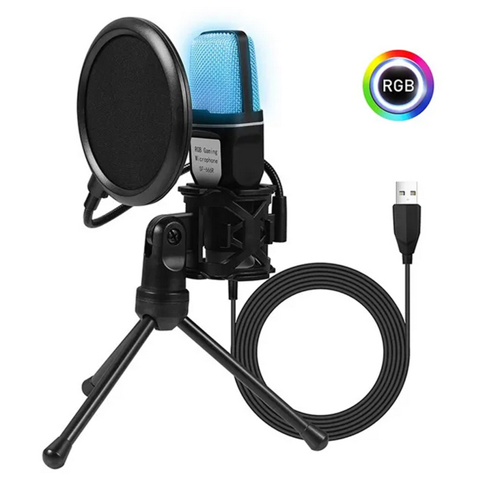 SF666R USB Wired Microphone Professional Video Recording RGB Condensador Gaming Microphone Noise Reduction Mic With Stand For Podcast Recording Studio Streaming Laptop Desktop black