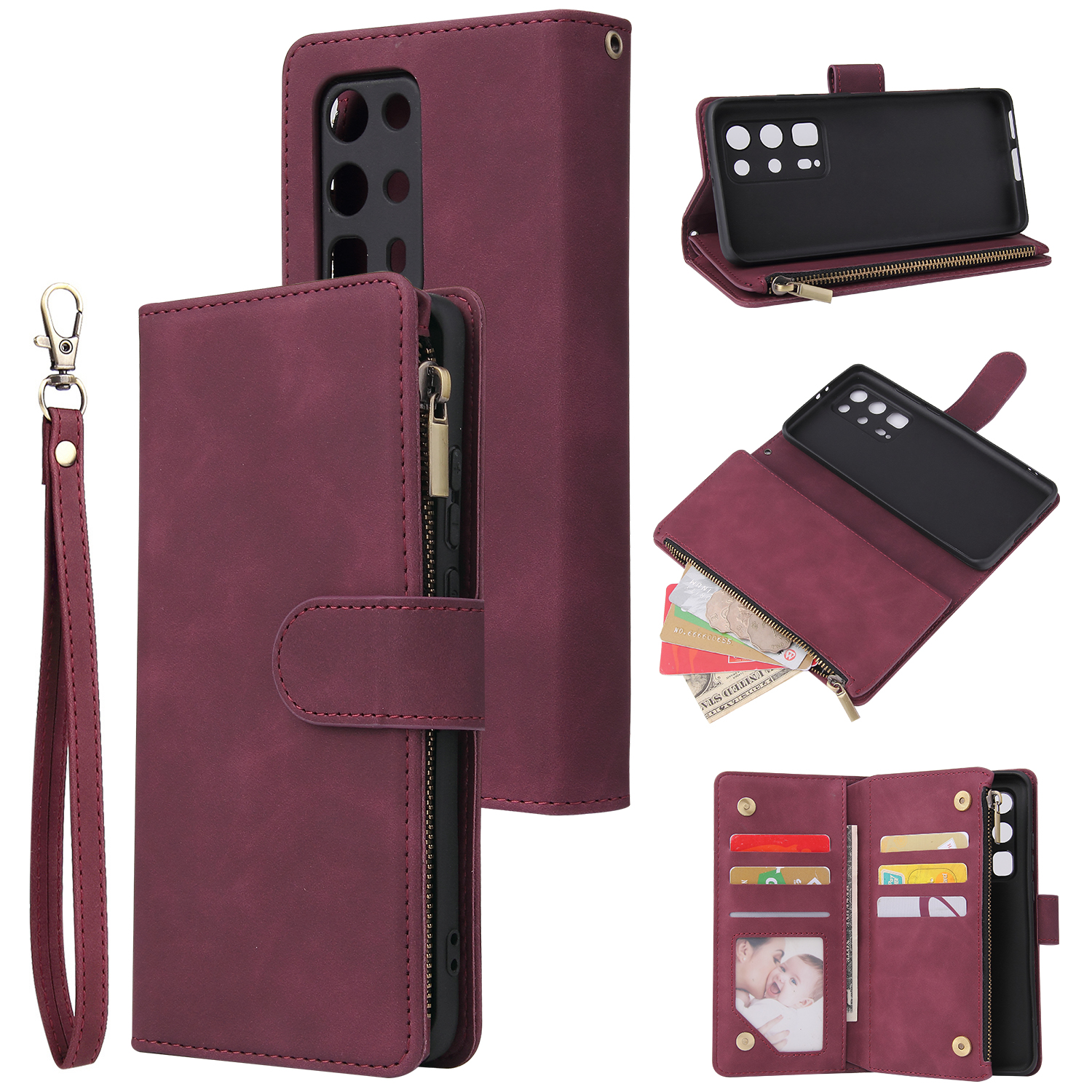 For HUAWEI P40 pro plus Zipper Purse Leather Mobile Phone Cover with Cards Slot Phone Bracket 5 wine red