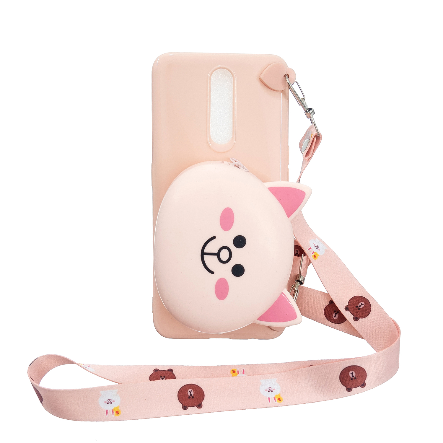 For OPPO F11/F11 Pro Cellphone Case Mobile Phone TPU Shell Shockproof Cover with Cartoon Cat Pig Panda Coin Purse Lovely Shoulder Starp Pink