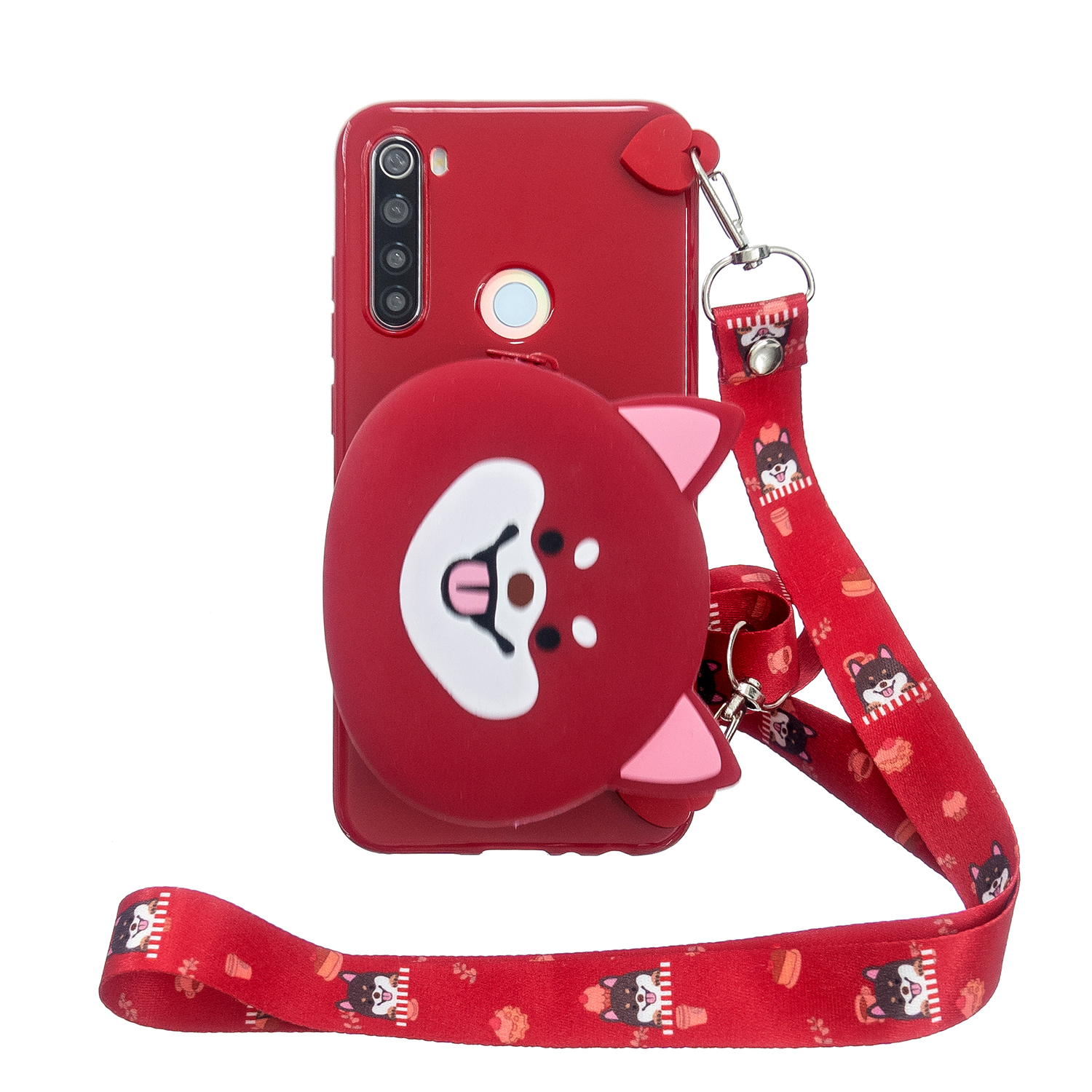 For Redmi Note 8/8T/8 Pro Cellphone Case Mobile Phone Shell Shockproof TPU Cover with Cartoon Cat Pig Panda Coin Purse Lovely Shoulder Starp Red