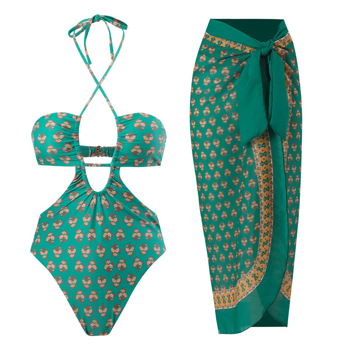 2pcs Women Sexy Swimsuit With Beach Coverup Skirt Fashion Printing Halter Backless Cut Out Bikini Suit green suit S