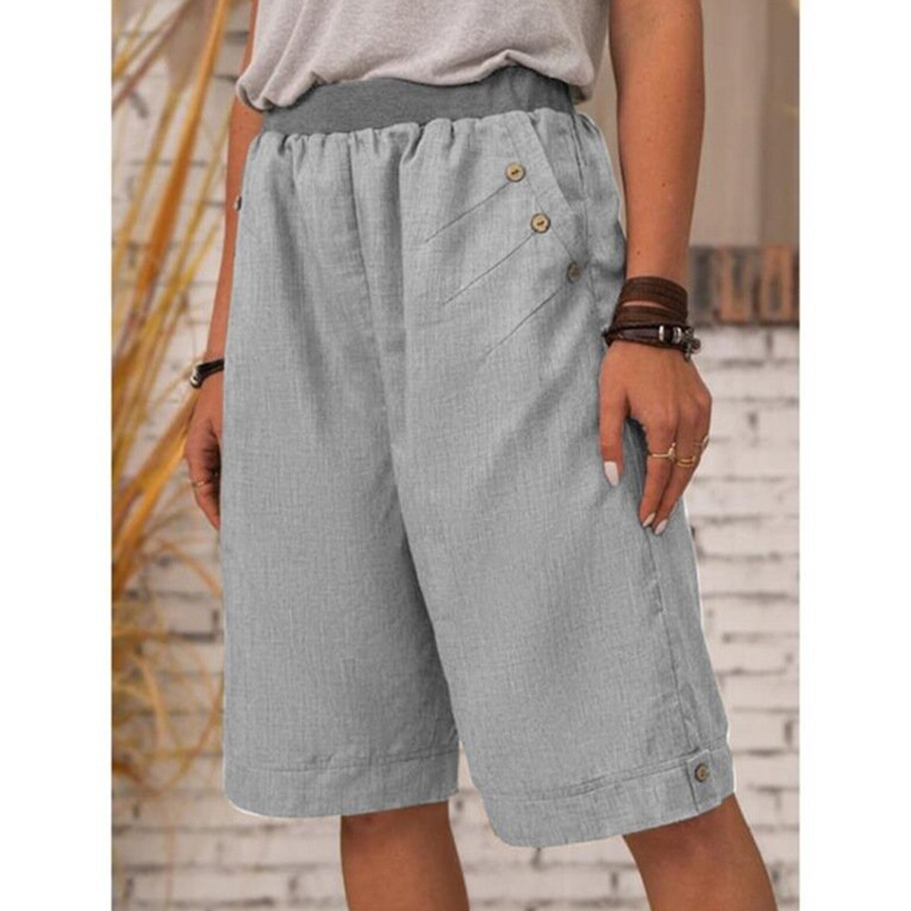 Women Cotton Linen Cropped Pants Casual Solid Color Large Size Straight Middle Waist Knee Length Pants grey M