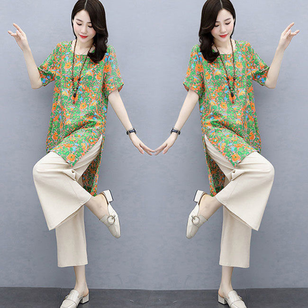 2pcs Women Fashion Sports Suit Short Sleeves Round Neck Sweet Printing Shirt Casual Cropped Pants Two-piece Set orange XL