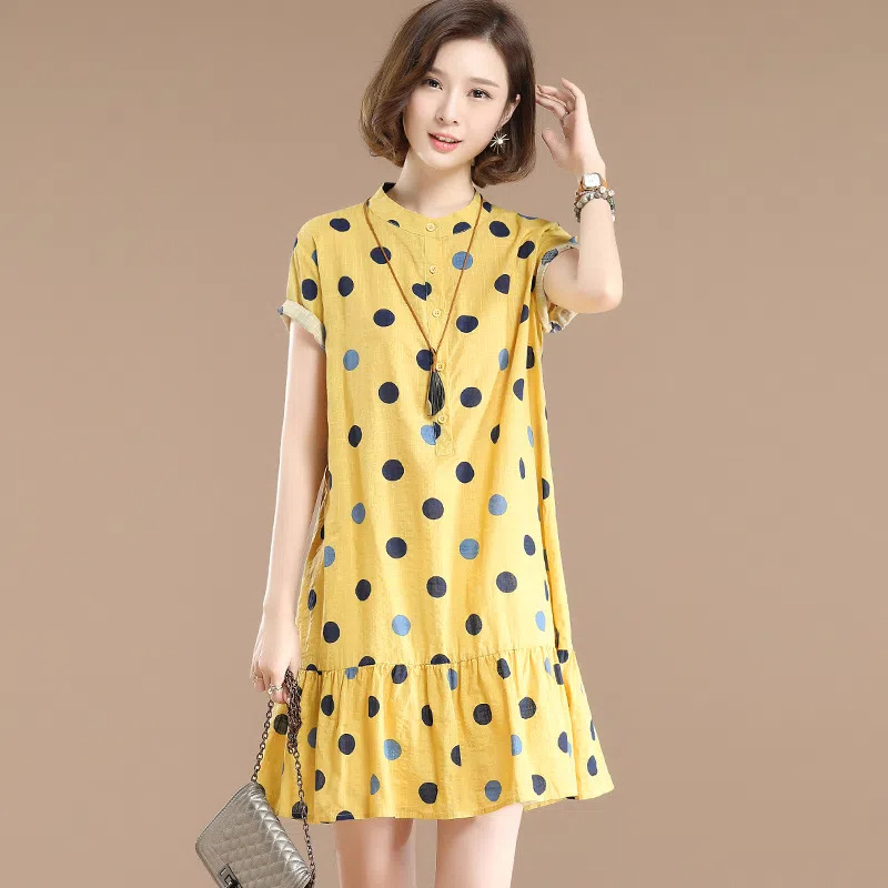 Women Short Sleeves Dress Stylish Polka Dot Printing Ruffled A-line Skirt Sweet Stand Collar Loose Dress yellow M