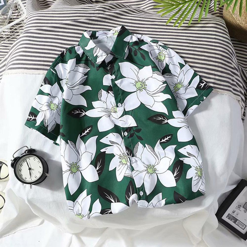 Summer Men Short Sleeves T-shirt Fashion Hawaiian Style Printing Tops Lapel Loose Pullover Beach Shirt 8877 lotus M