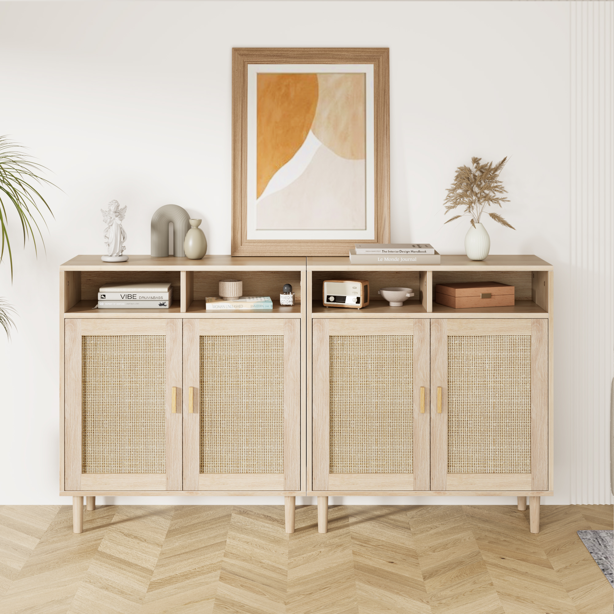 US GARVEE Set of 2 Sideboard Buffet Cabinet with Rattan Doors, Solid Wood Feet, Anti-Tip Kit, P2 Particleboard, for Kitchen, Dining Room, Living Room
