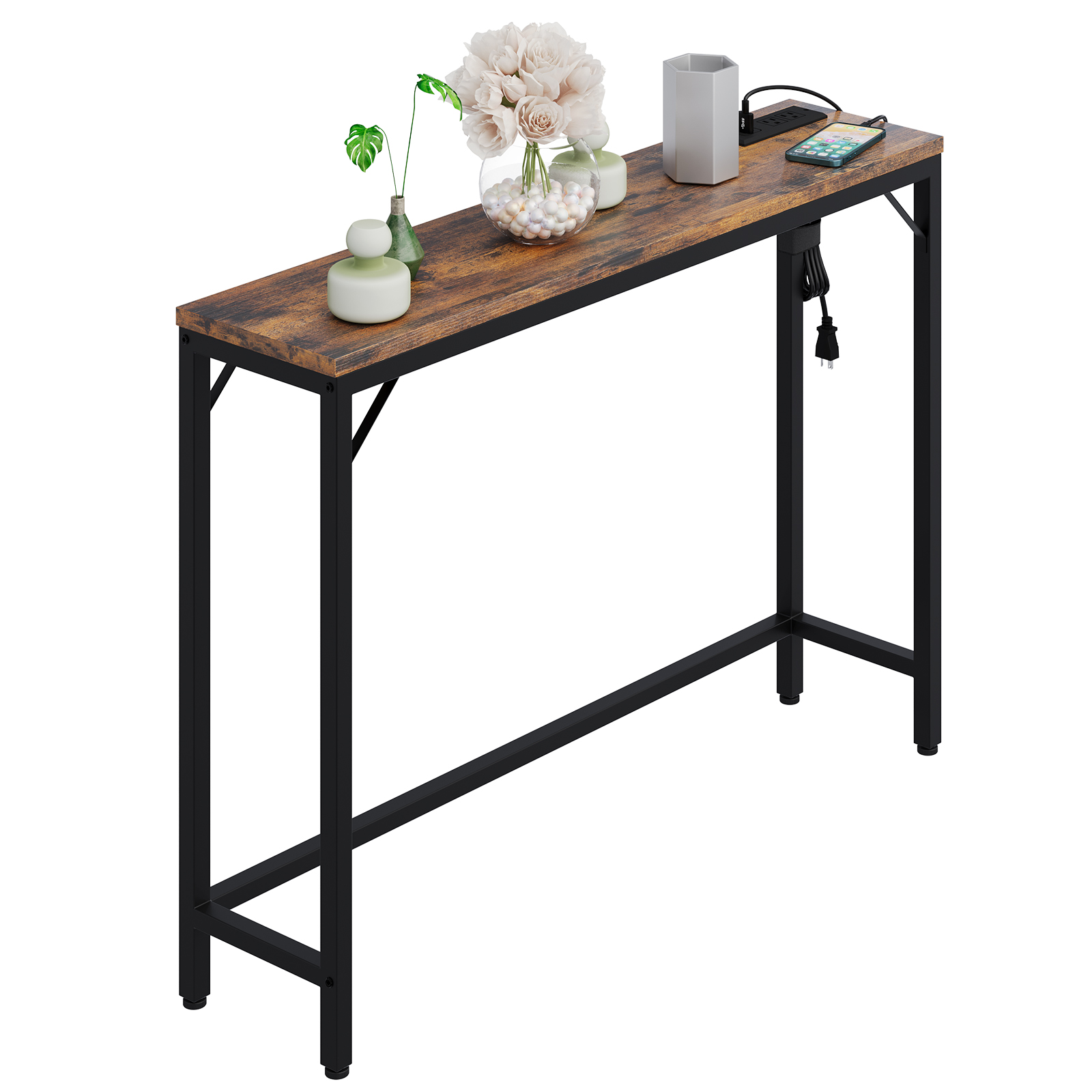 US GARVEE Entryway Table with Power Outlets & USB Ports, Narrow Sofa Table, Industrial Console Table, MDF & Metal, Sturdy, Anti-Scratched, 39.3
