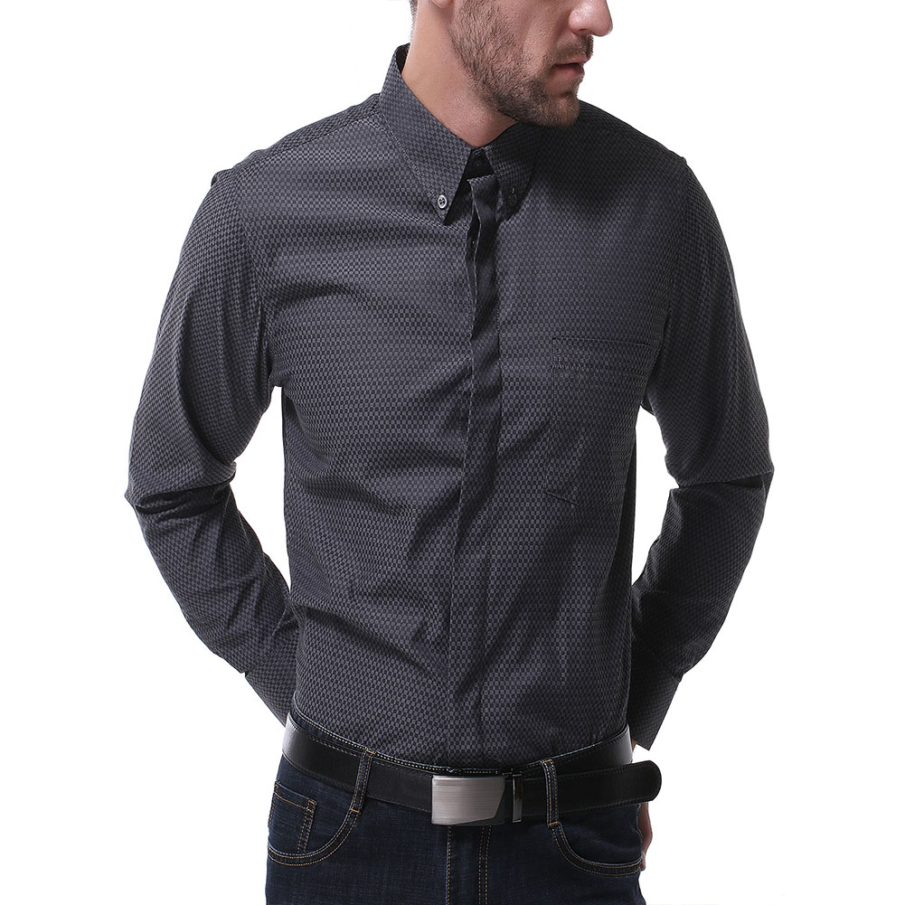 Men's Leisure Shirt Autumn Solid Color Long-sleeve Business Shirt Black _XL