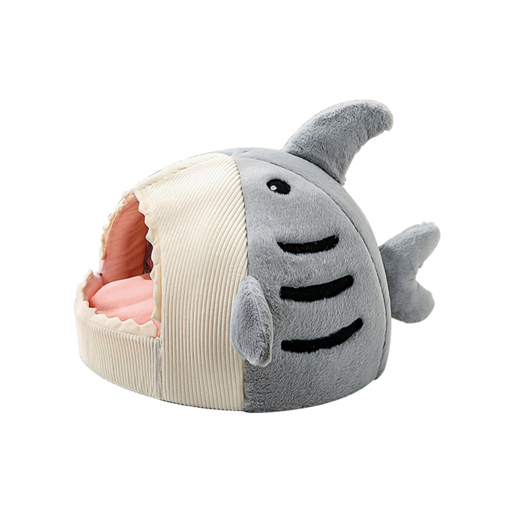 Cute Shark Pet Sleeping Bed Hideout House Warm Soft Comfortable Semi-closed Cat Dog Nest Pet Products grey M（48x48x34）