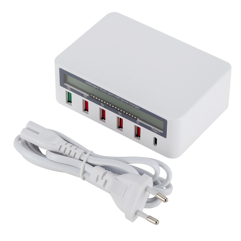 5 Port USB QC 3.0 Quick Charger LCD Voltage Current Display for iPhone iPad Samsung white_EU plug