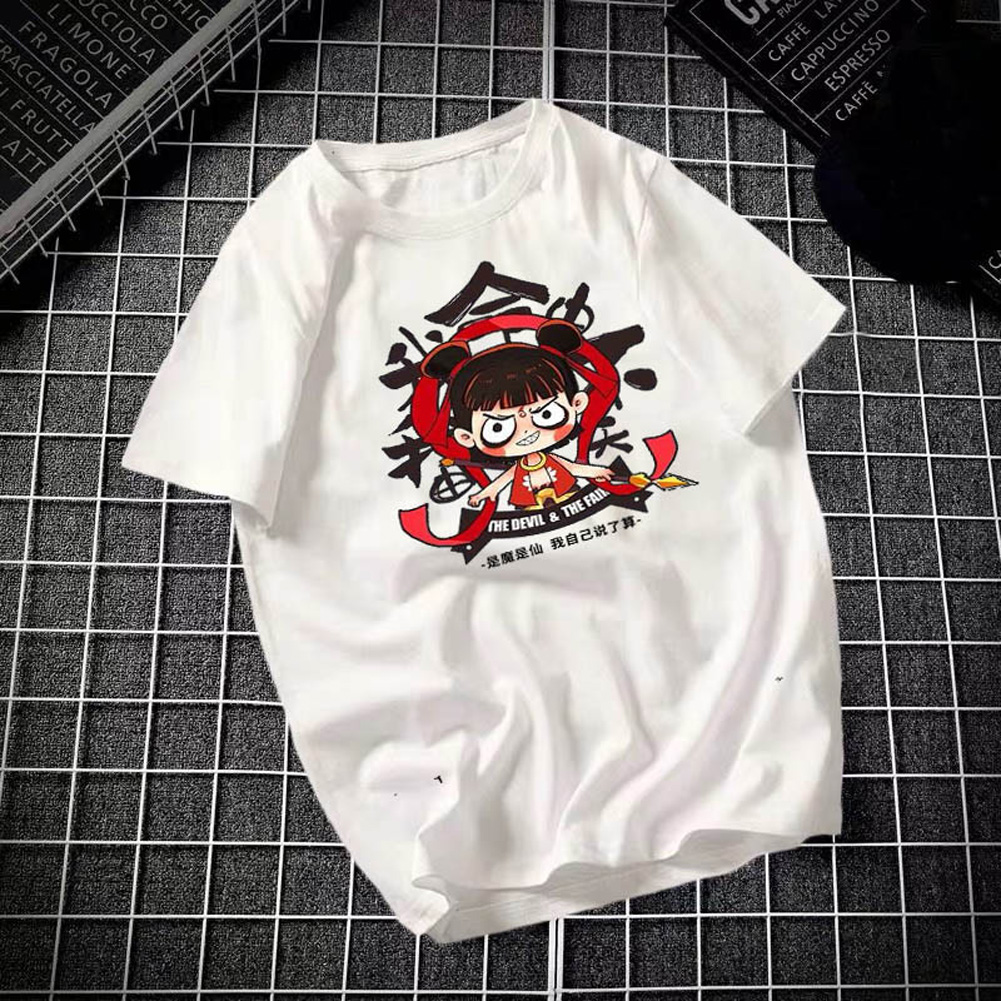 Male Leisure Top with Nezha Cartoon Pattern Decorated Shirt Casual Pullover for Man Nezha white_XXXL