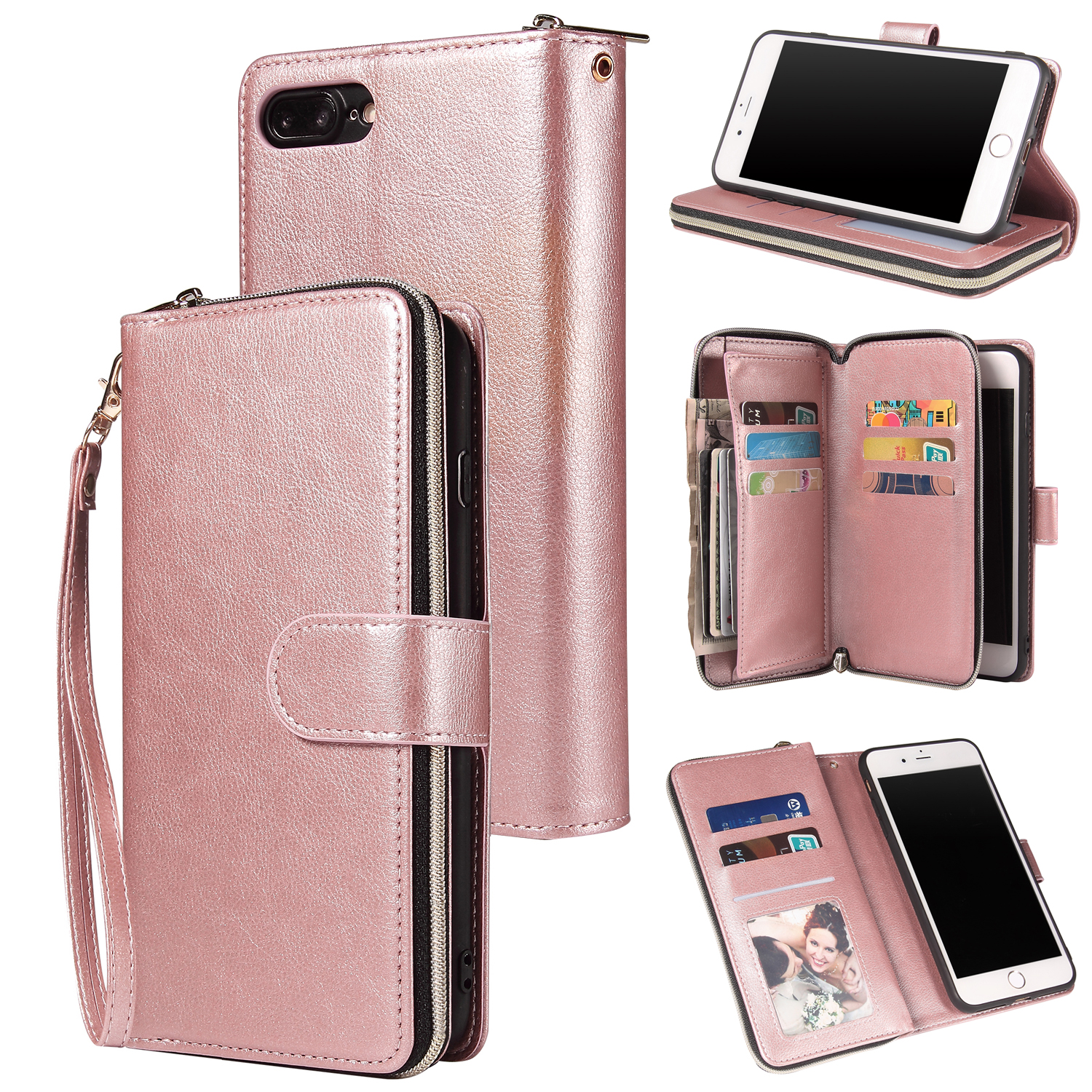 For Iphone 6/6s/6 Plus/6s Plus/7 Plus/8 Plus Pu Leather  Mobile Phone Cover Zipper Card Bag + Wrist Strap Rose gold