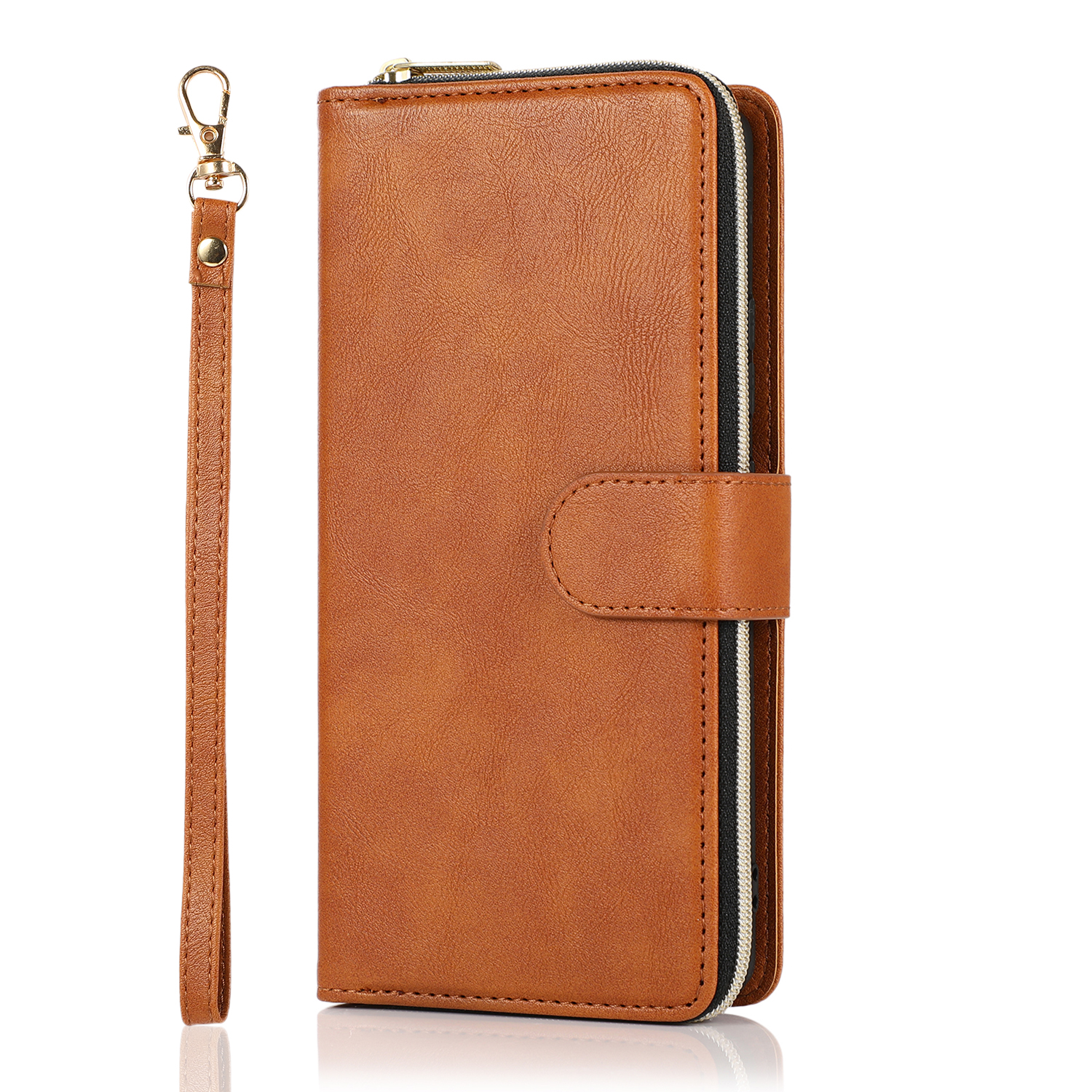 For Samsung A01/A21/A31/A41/A51 Pu Leather Mobile Phone Cover Zipper Card Bag + Wrist Strap brown