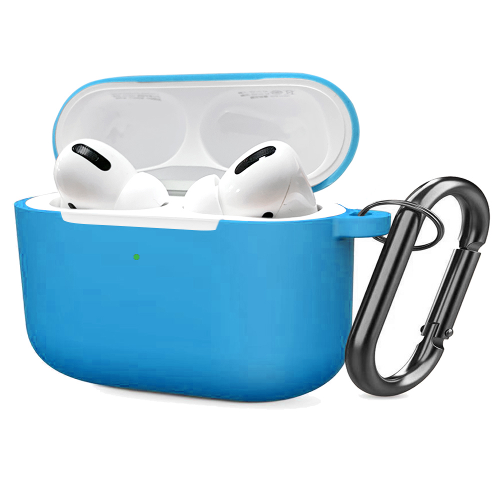 Soft Silicone Case for Airpods Pro Shockproof Hook Protective Bags With Keychain Earbuds Cover blue