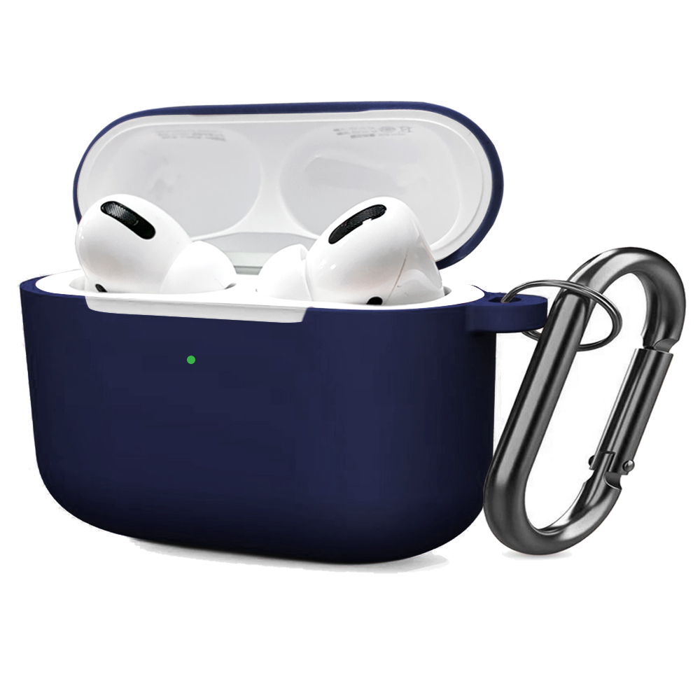 Soft Silicone Case for Airpods Pro Shockproof Hook Protective Bags With Keychain Earbuds Cover Navy blue
