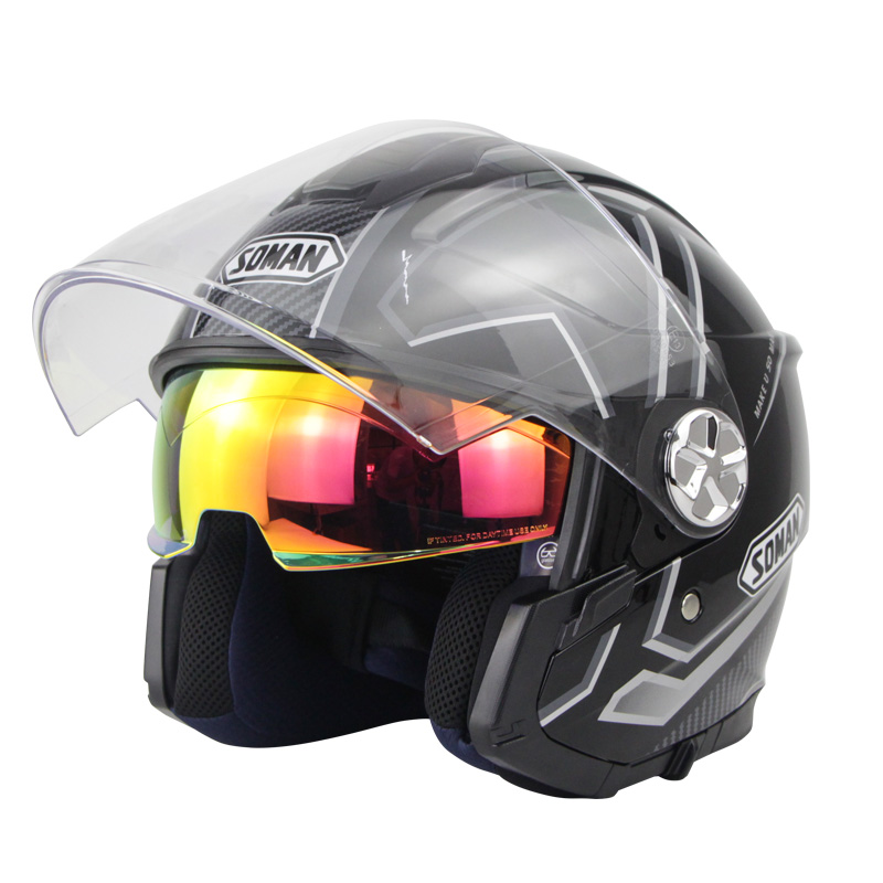Motorcycle Helmet 3/4 Electrical Helemets Dual Visor Half Face Motorcycle Helmet   Black Silver Sky Array_XXL