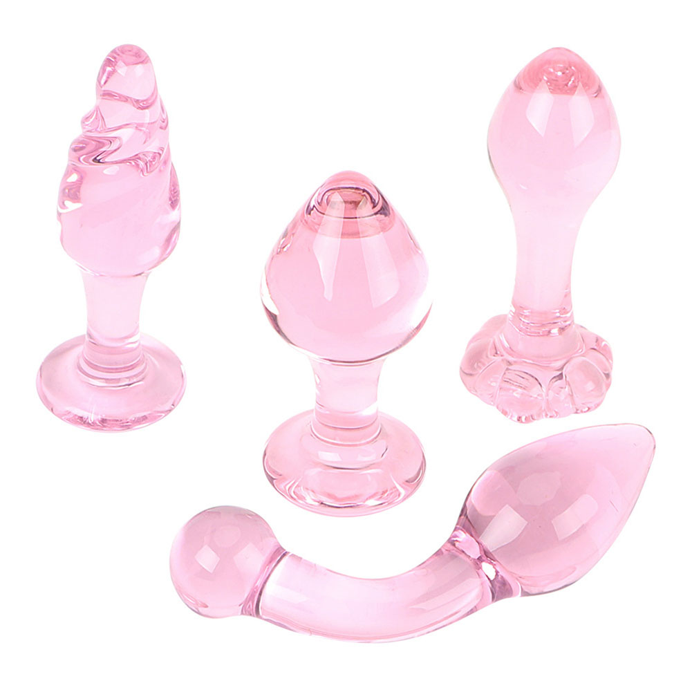 [US Direct] 1pc/4pcs Pink Crystal Glass Dildo Simulation Penis Women G-Spot Masturbation Anal Plug Couples Sex Tool 4pcs
