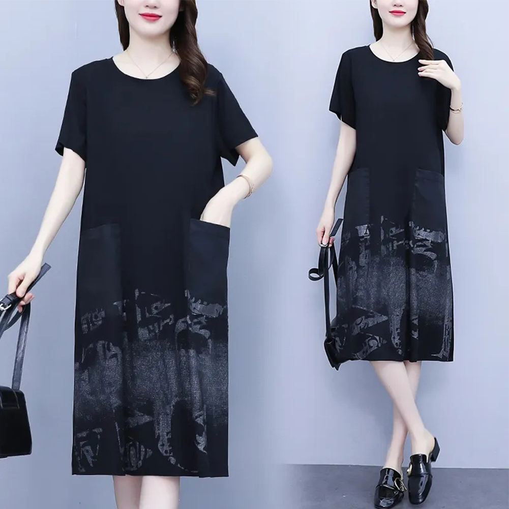 Women Plus Size Dress Elegant Short Sleeves Round Neck Midi Skirt Loose Casual Stylish Printing Dress 2308# 2XL