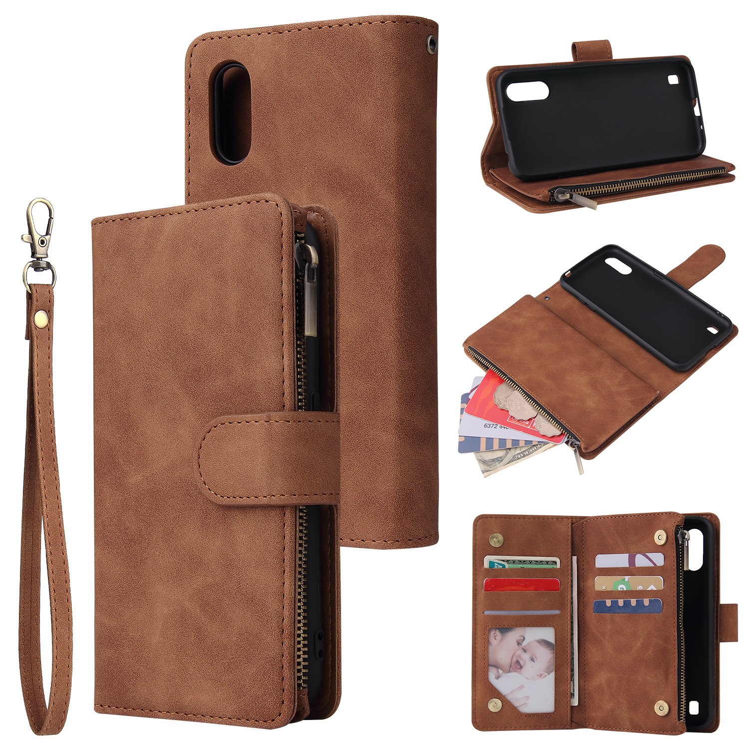 For Samsung A01 Case Smartphone Shell Wallet Design Zipper Closure Overall Protection Cellphone Cover 4 brown