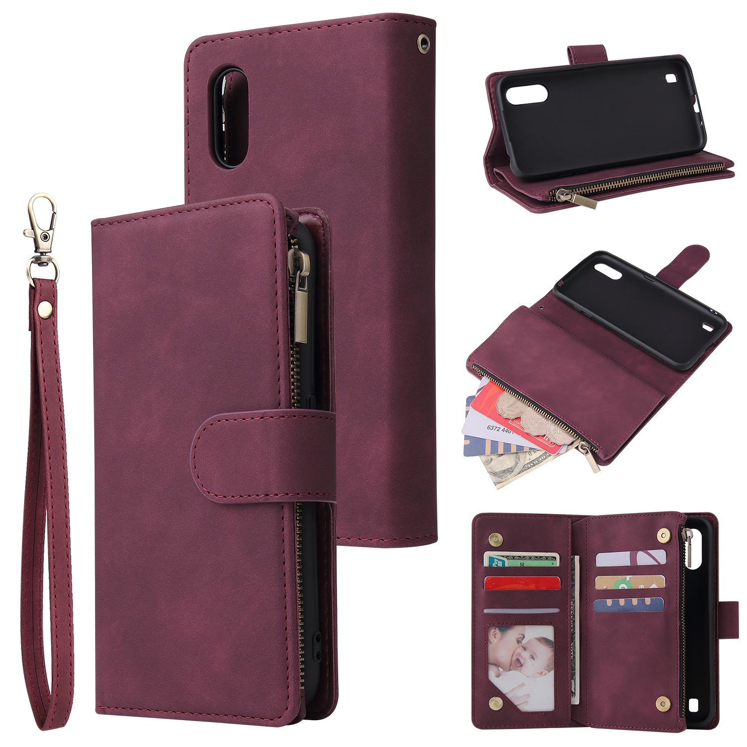 For Samsung A01 Case Smartphone Shell Wallet Design Zipper Closure Overall Protection Cellphone Cover  5 wine red