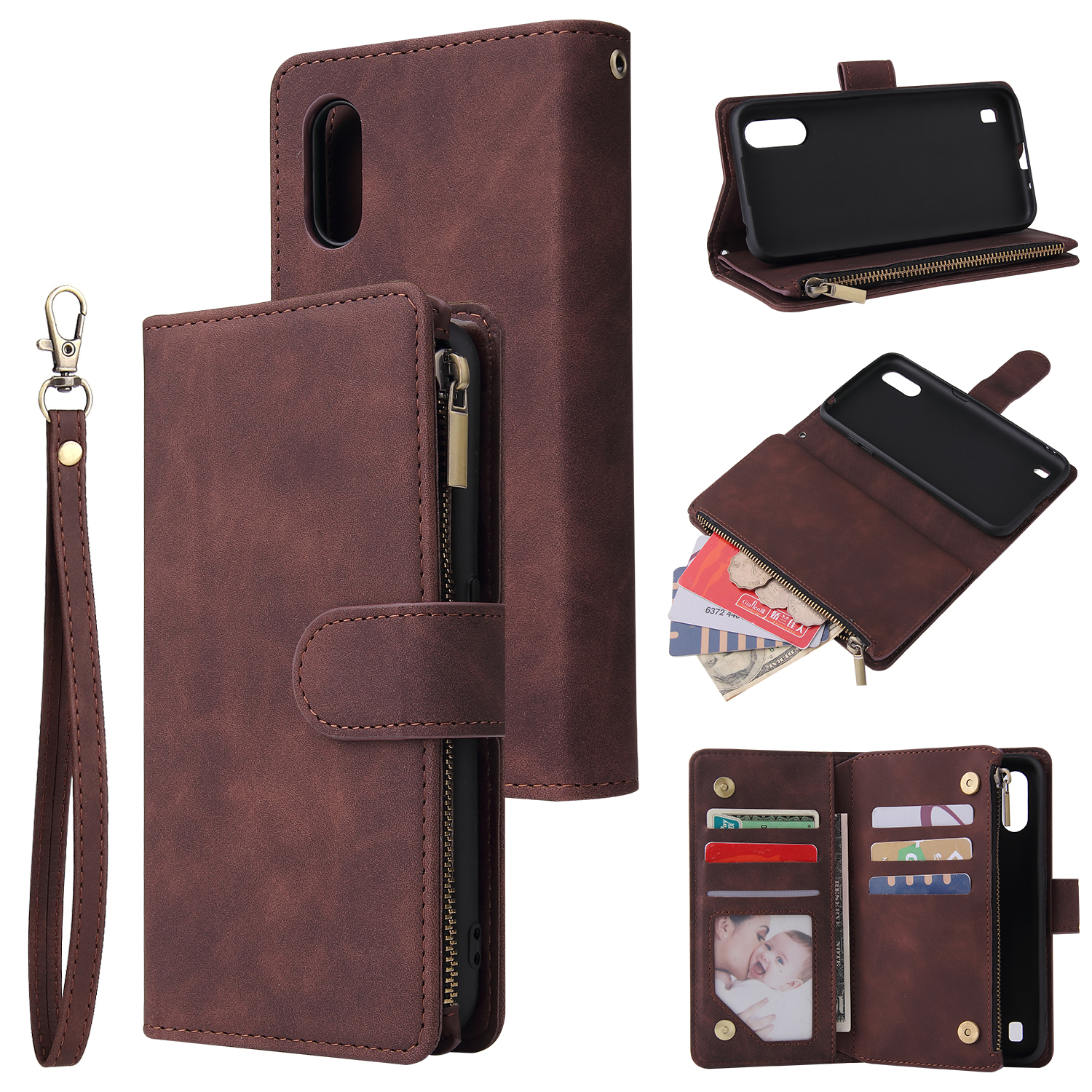 For Samsung A01 Case Smartphone Shell Wallet Design Zipper Closure Overall Protection Cellphone Cover 3 brown