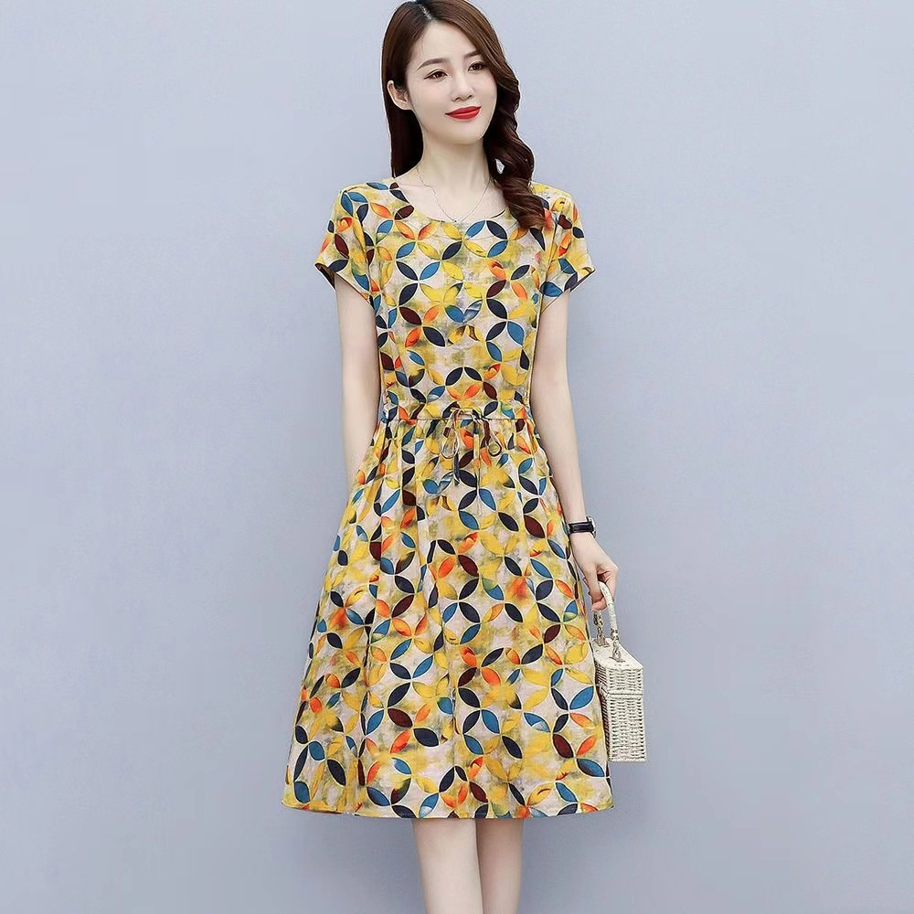 Summer Women Short Sleeves Dress Fashion Floral Printing Round Neck A-line Skirt Casual Pullover Mid-length Dress yellow XL