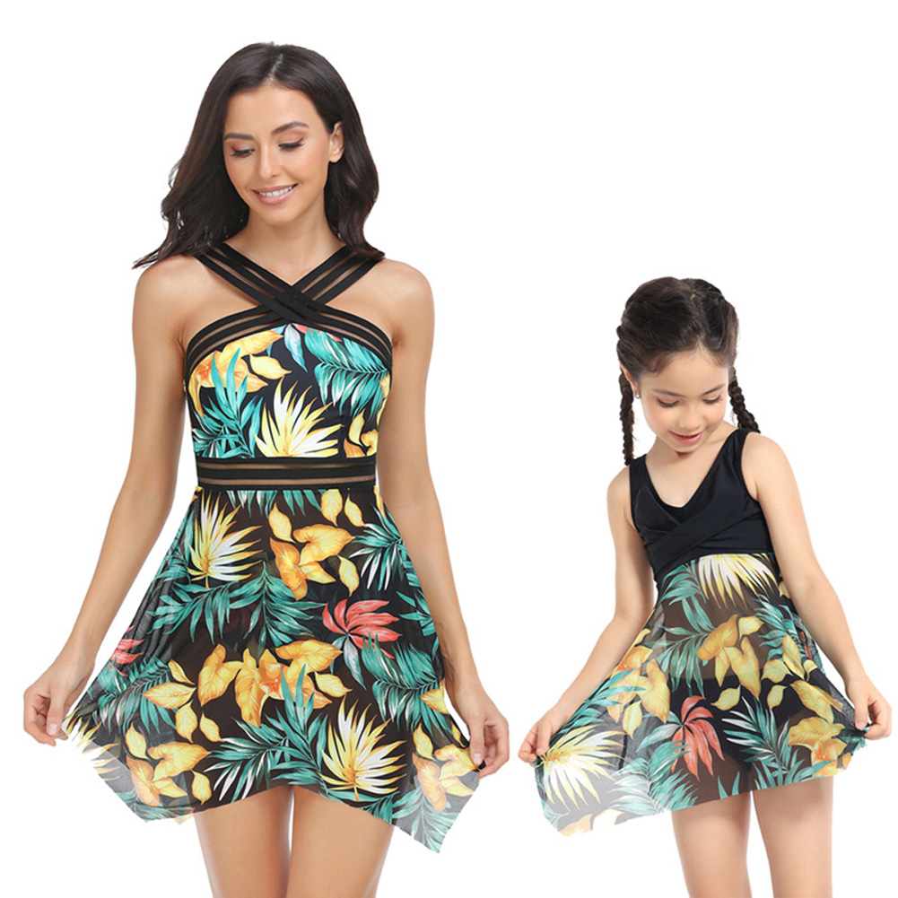 Mother Daughter Family Matching Swimsuit Summer Fashion Printing Parent-child Swimwear yellow leaves 140