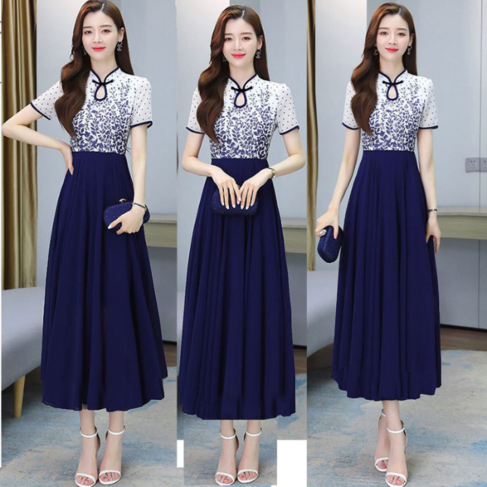 Women Cheongsam Dress Summer Short Sleeves Stand Collar A-line Skirt High Waist Large Swing Dress p01 blue 4XL