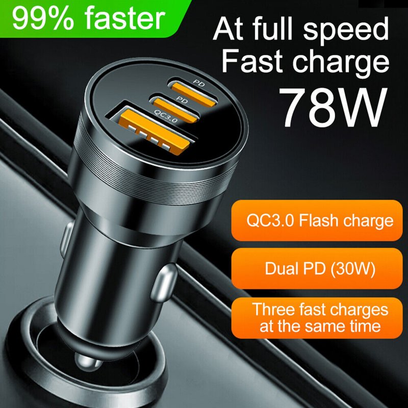 78W PD USB C Car Charger Dual PD QC3.0 Fast Power Charging Block Cigarette Lighter Socket Splitter Power Adapter 