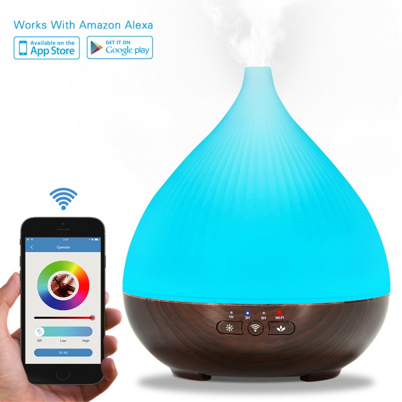 [EU Direct] 300ml Essential Oil Aroma Diffuser, Works with Amazon Alexa, Smart-phone App Control, Compatible with Android and IOS, Cool Mist Aroma Humidifier with 7 Colored LED Lights, Timer Function, Auto Shut-off