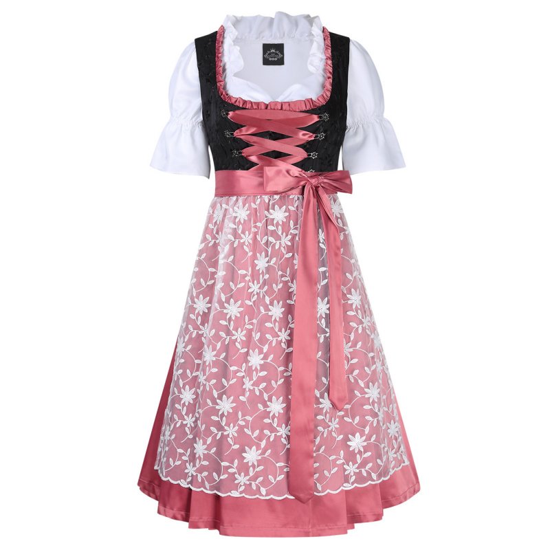 EU 3PCS Women's Ruffle Floral Lace Beer Dress Traditional Dirndl Set for Oktoberfest Theme Party Cosplay