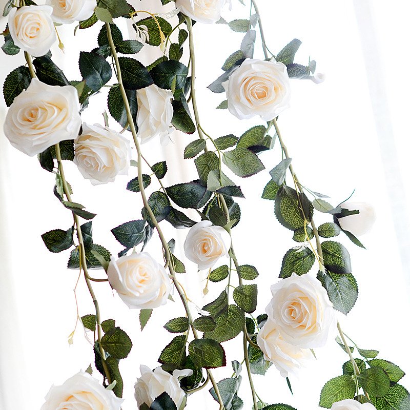 [EU Direct] 6 Feet Hand-made Artificial Silk Rose Vines Decorative Fake Rose Flower for Home Wall Garden Wedding Party Decor White