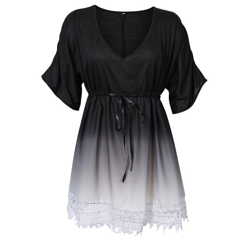 [EU Direct] AMZ PLUS Women Plus Size Casual V-neck Contrast Lace Trim Summer Dress
