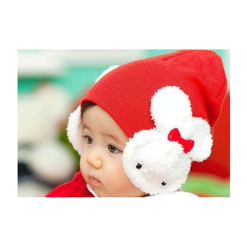 [EU Direct] Baby Boy Girl Cartoon Dual Rabbit Ear Earmuffs Hat Warm Soft Knitted Cap red