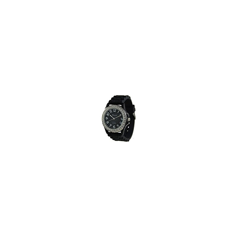 [EU Direct] Black Silver Silicone Gel Ceramic Style Band Crystal Bezel Watch