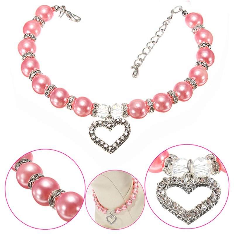 [EU Direct] Fashion Pet Puppy Dog Cat Piggy Pearl Necklace Pendant Pet Accessories Dogs Cats Collar Pink_S
