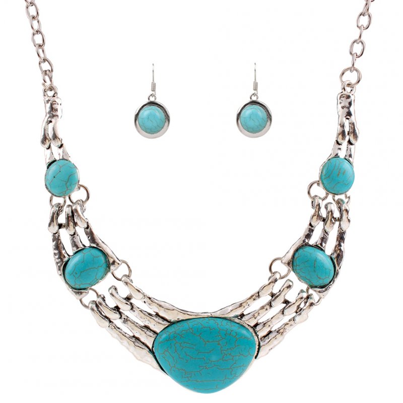 [EU Direct] Gprince European Retro Vintage Pattern Oval Turquoise Necklace Earrings Jewelry Set